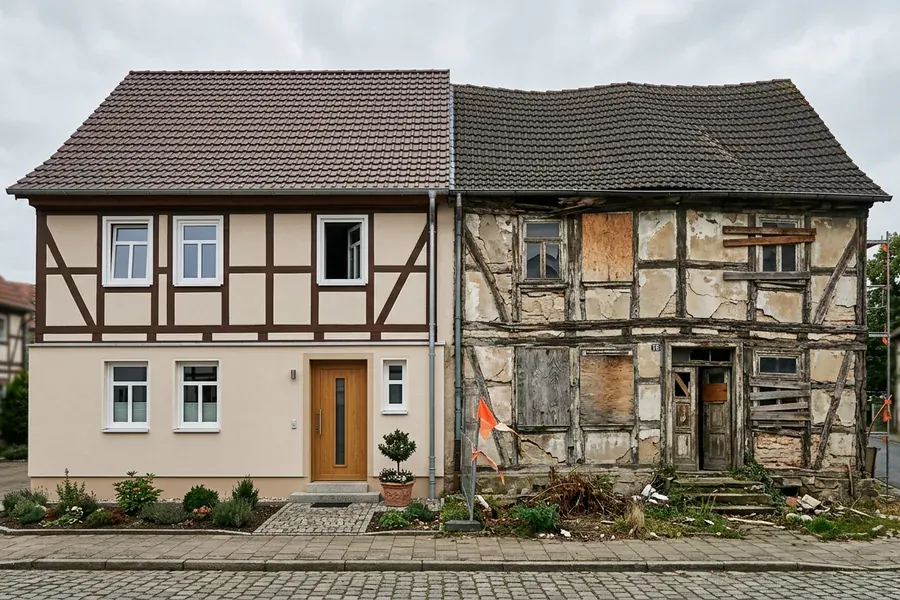 Saniertes und verfallenes Haus nebeneinander